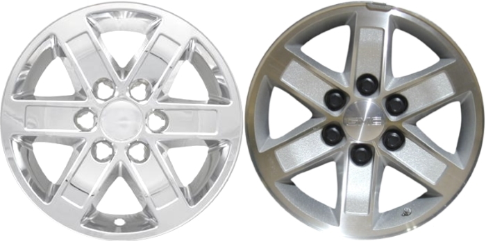 GMC Savana 1500 2009-2014, GMC Sierra 1500 2007-2013, GMC Yukon 1500 2007-2014 Chrome, 6 Spoke, Plastic Hubcaps, Wheel Covers, Wheel Skins, Imposters. Fits 17 Inch Alloy Wheel Pictured to Right. Part Number IMP-358X.