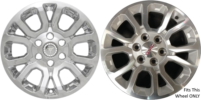 GMC Sierra 1500 2014-2018, GMC Sierra 1500 Limited 2019, GMC Yukon 2015-2020 Chrome, 12 Spoke, Plastic Hubcaps, Wheel Covers, Wheel Skins, Imposters. ONLY Fits 18 Inch Alloy Wheel Pictured. Part Number IMP-404X.