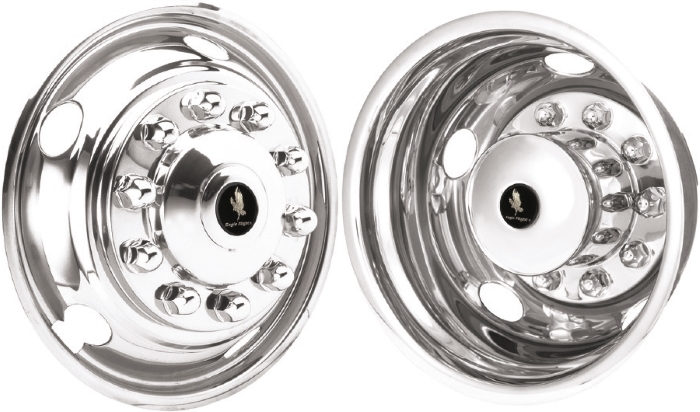 Ford CF8000 1993-1998, Ford F-600 1992-2010, Ford F-700 1992-2010, Ford F-800 1992-2000, Stainless Steel Hubcaps, Wheel Covers, Simulators and Liners for 22.5 Inch Steel Wheels. Part Number JD22105.