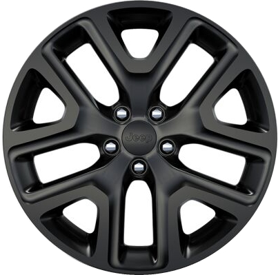 Jeep Renegade 2016-2023 powder coat black 18x7 aluminum wheels or rims. Hollander part number ALY9149U45/9163, OEM part number 6EQ47MX5AA.