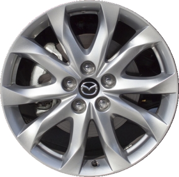Mazda 3 2014-2017 powder coat silver 18x7 aluminum wheels or rims. Hollander part number ALY64962U20, OEM part number 9965227080.