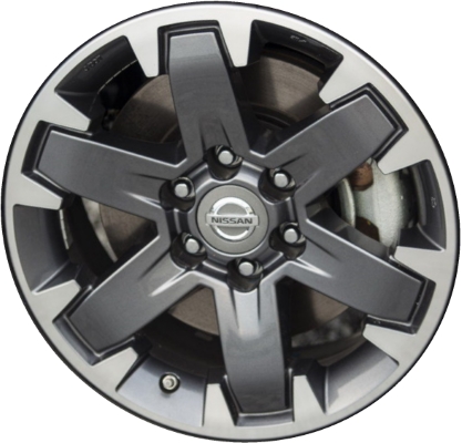Nissan Frontier 2014-2021, Xterra 2014-2015 charcoal machined 16x7 aluminum wheels or rims. Hollander part number 62612, OEM part number 403009BK5A.