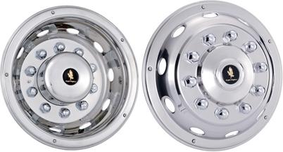 Ford F-600 1992-2010, Ford F-700 1992-2010, Ford F-800 1992-2000 Isuzu FTR 2017-2021, Stainless Steel Hubcaps, Wheel Covers, Simulators and Liners for 22.5 Inch Steel Wheels. Part Number QC1099.