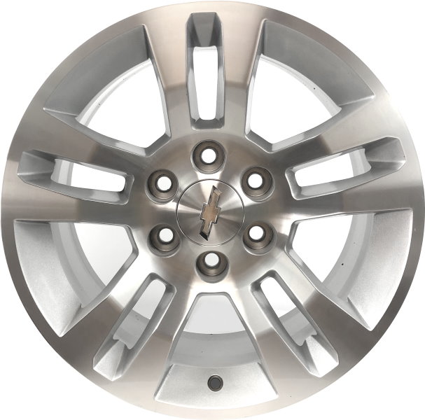 Chevrolet Silverado 1500 2014-2018, Silverado 1500 LD 2019, Suburban 1500 2015-2020, Tahoe 2015-2020 silver machined 18x8.5 aluminum wheels or rims. Hollander part number 5646, OEM part number 20937769.