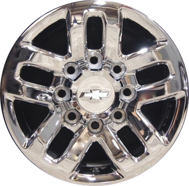 Chevrolet Silverado 2500 2015-2019, Silverado 3500 SRW 2015-2019, Suburban 3500HD 2016-2019 chrome 18x8 aluminum wheels or rims. Hollander part number 5709U85, OEM part number 22909148.