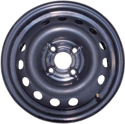 Chevrolet Aveo 2004 powder coat black 14x5.5 steel wheels or rims. Hollander part number STL5181, OEM part number 96534957.