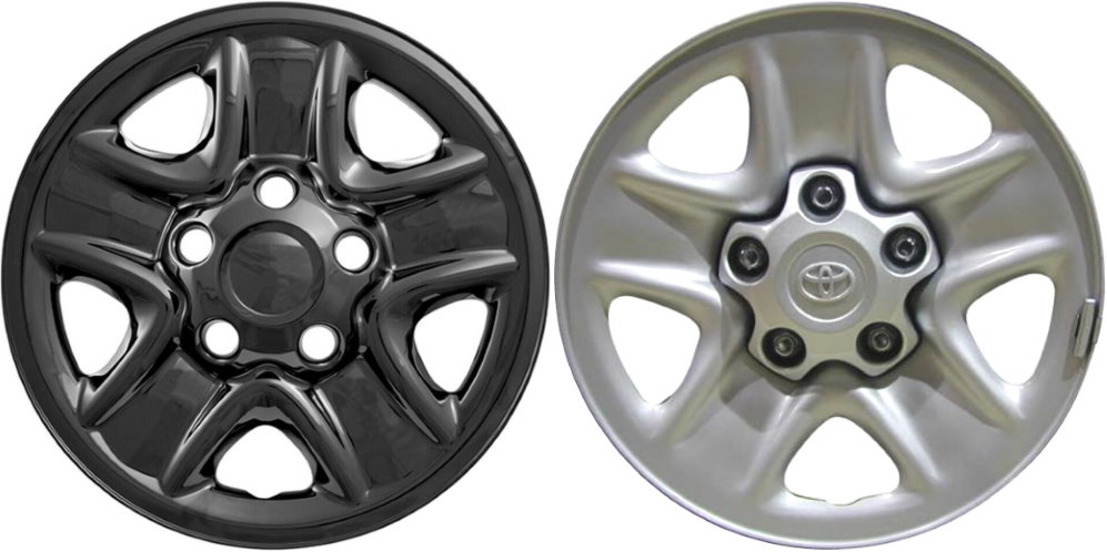 Toyota Tundra 2007-2021 Black Painted, 5 Spoke, Plastic Hubcaps, Wheel Covers, Wheel Skins, Imposters. Fits 18 Inch Steel Wheel Pictured to Right. Part Number IMP-77BLK/8000GB.