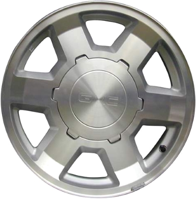 GMC Sierra 1500 2004-2007, Yukon 1500 2004-2006 silver machined 17x7.5 aluminum wheels or rims. Hollander part number 5193U20.PS02, OEM part number 9594491.