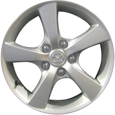Mazda 3 2004-2006 powder coat silver 16x6.5 aluminum wheels or rims. Hollander part number ALY64862, OEM part number 9965416560, 9965716560.