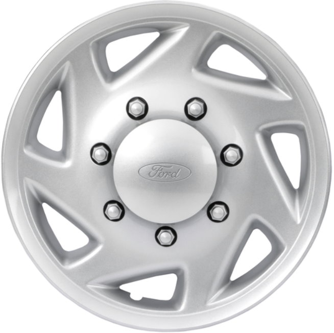 Ford E-150 2004-2014, Ford E-250 1998-2014, Ford E-350 SRW 1998-2024, Ford E-450 SRW 1998-2003, Plastic 7 Spoke, Single Hubcap or Wheel Cover For 16 Inch Steel Wheels. Hollander Part Number H7030A.