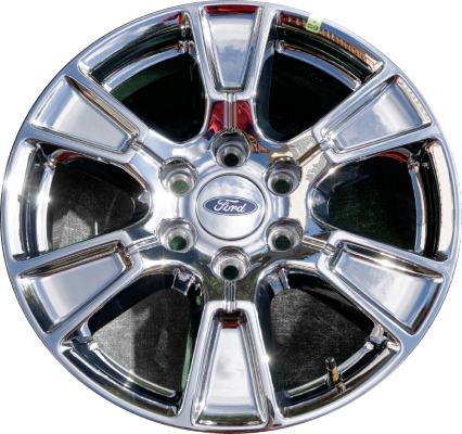 Ford F-150 2015-2017 chrome 18x7.5 aluminum wheels or rims. Hollander part number ALY3998, OEM part number FL3Z1007B.