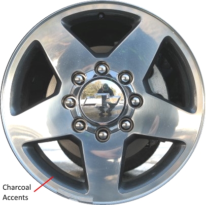 Chevrolet Silverado 2500 2011-2019, Silverado 3500 SRW 2011-2019, GMC Sierra 2500 2011-2019, Sierra 3500 SRW 2011-2019 charcoal polished 20x8.5 aluminum wheels or rims. Hollander part number 5503U90.LC14HH, OEM part number 23444102, 84008493.