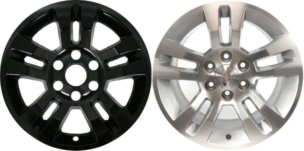 Chevrolet Silverado 1500 2014-2018, Chevrolet Silverado 1500 LD 2019, Chevrolet Suburban 1500 2015-2020, Chevrolet Tahoe 2015-2020 Black, 5 Double Spoke, Plastic Hubcaps, Wheel Covers, Wheel Skins, Imposters. Fits 18 Inch Alloy Wheel Pictured to Right. Part Number IMP-377BLKN/8950PGB.