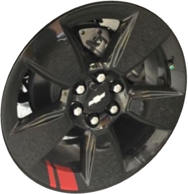 Chevrolet Colorado 2017-2022 powder coat black w/ red stripes 18x8.5 aluminum wheels or rims. Hollander part number ALY5747U46/5818, OEM part number 84105762.