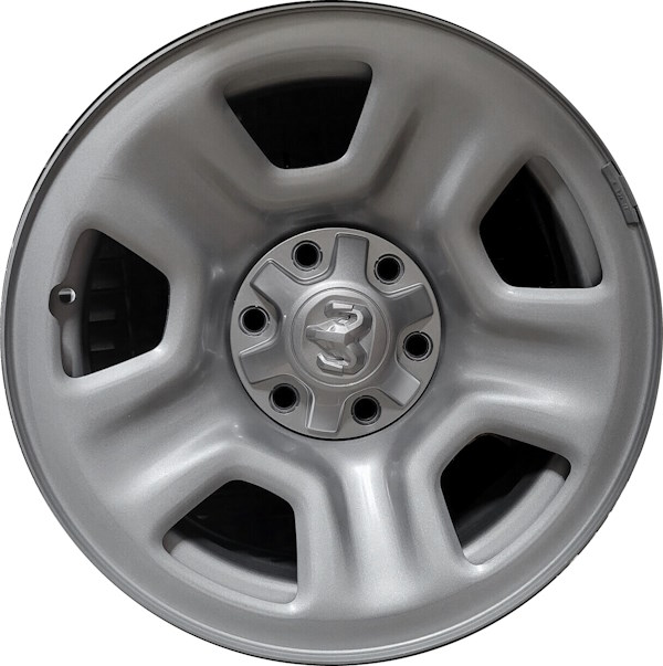 Dodge Ram 1500 2019-2025 powder coat silver 18x7.5 steel wheels or rims. Hollander part number STL2667U20, OEM part number 5YD43S4AAC, 5YD43S4AAD.