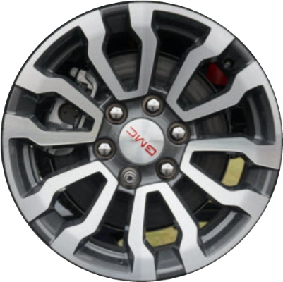 GMC Sierra 1500 2019-2023 charcoal machined 18x8.5 aluminum wheels or rims. Hollander part number ALY5909U30, OEM part number 23376220.