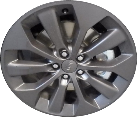 Jeep Cherokee 2019-2021 powder coat charcoal 19x7.5 aluminum wheels or rims. Hollander part number ALY9249U35/9206, OEM part number 6BG74MA7AA.