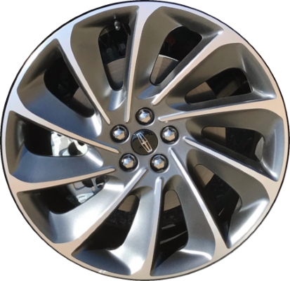 Lincoln Nautilus 2019-2023 dark grey machined 21x9 aluminum wheels or rims. Hollander part number ALY10218, OEM part number KA1Z1007E.