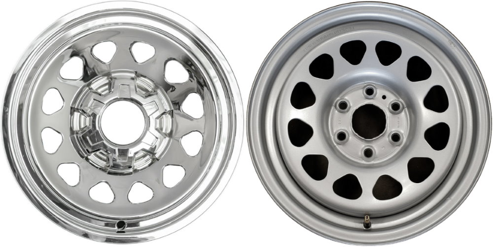 Chevrolet Colorado 2019-2025, Chevrolet Silverado 1500 2019-2025, GMC Sierra 1500 2019-2025 Chrome, 12 Hole, Plastic Hubcaps, Wheel Covers, Wheel Skins, Imposters. Fits 17 Inch Steel Wheel Pictured to Right. Part Number IMP-100X.