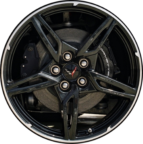 Chevrolet Corvette 2020-2024 powder coat black w/ machined lip 19x8.5 aluminum wheels or rims. Hollander part number ALY14007U45/14009, OEM part number 84785085.