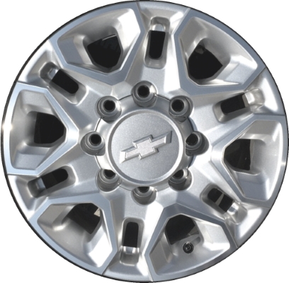 Chevrolet Silverado 2500 2020-2025, Silverado 3500 SRW 2020-2025 silver machined 18x8 aluminum wheels or rims. Hollander part number 5959, OEM part number 84378284.