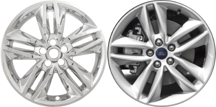 Ford Edge 2015-2018 Chrome, 10 Spoke, Plastic Hubcaps, Wheel Covers, Wheel Skins, Imposters. Fits 18 Inch Alloy Wheel Pictured to Right. Part Number IMP-385X.