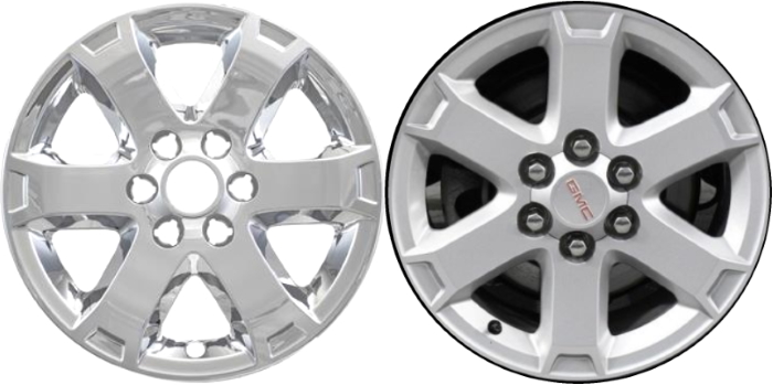 GMC Acadia 2013-2017, Saturn Outlook 2007-2010 Chrome, 6 Spoke, Plastic Hubcaps, Wheel Covers, Wheel Skins, Imposters. Fits 18 Inch Alloy Wheel Pictured to Right. Part Number IMP-422X.