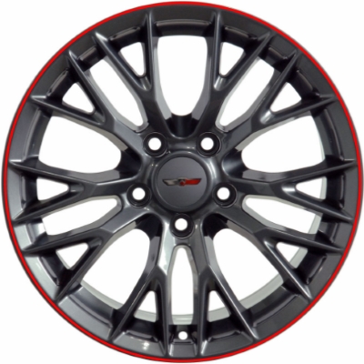 Chevrolet Corvette 2016-2019 powder coat black w/ red stripe 19x10 aluminum wheels or rims. Hollander part number ALY5734U70/5736, OEM part number 23347213.