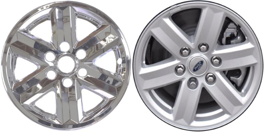 Ford F-150 2021-2025 Chrome, 6 Spoke, Plastic Hubcaps, Wheel Covers, Wheel Skins, Imposters. Fits 17 Inch Alloy Wheel Pictured to Right. Part Number IMP-477X.