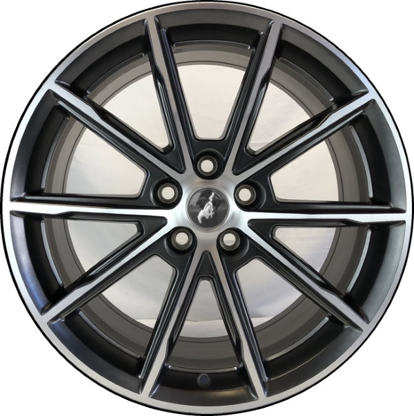 Ford Mustang 2018-2023 dark charcoal machined 19x8.5 aluminum wheels or rims. Hollander part number ALY10160U45.MC4PB, OEM part number JR3Z1007G, LR3Z1007B.