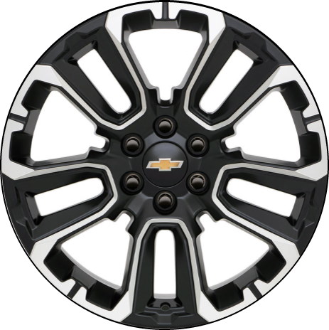 Chevrolet Colorado 2023-2024, Silverado 1500 2022-2024, Suburban 2022-2024, Tahoe 2022-2024, GMC Canyon 2023-2025, Sierra 1500 202-2025, Yukon 2022-2025 black machined 22x9 aluminum wheels or rims. Hollander part number ALY14088, OEM part number 84582669.
