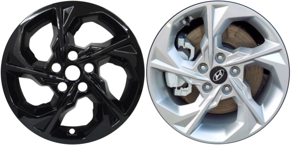 Hyundai Tucson 2022-2024 Black, 5 Spoke, Plastic Hubcaps, Wheel Covers, Wheel Skins, Imposters. Fits 17 Inch Alloy Wheel Pictured to Right. Part Number IMP-7711PGB.