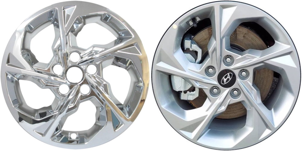 Hyundai Tucson 2022-2024 Chrome, 5 Spoke, Plastic Hubcaps, Wheel Covers, Wheel Skins, Imposters. Fits 17 Inch Alloy Wheel Pictured to Right. Part Number IMP-7711PC.