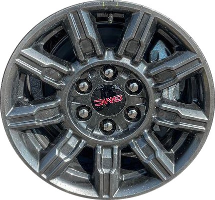 GMC Sierra 1500 2025 dark grey painted 18x8.5 aluminum wheels or rims. Hollander part number 95718 14331B, OEM part number 2024 GMC Sierra 1500 AT4X Wheels Grey Machined Rims 86774702 86774701