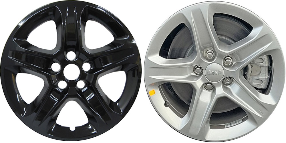Jeep Compass 2023-2024 Black, 5 Spoke, Plastic Hubcaps, Wheel Covers, Wheel Skins, Imposters. Fits 17 Inch Alloy Wheel Pictured to Right. Part Number IMP-7923GB.