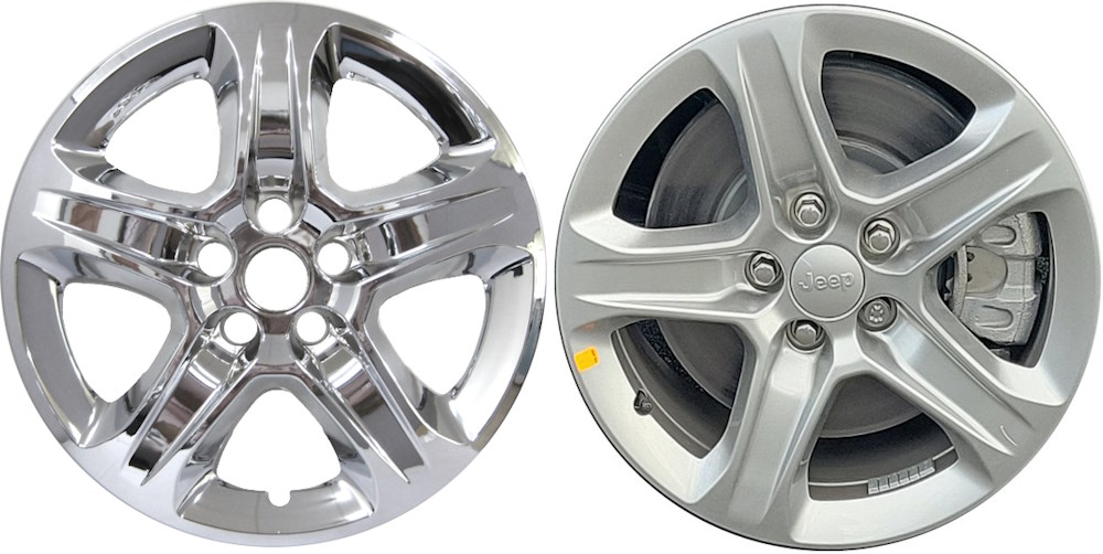 Jeep Compass 2023-2024 Chrome, 5 Spoke, Plastic Hubcaps, Wheel Covers, Wheel Skins, Imposters. Fits 17 Inch Alloy Wheel Pictured to Right. Part Number IMP-7923PC.