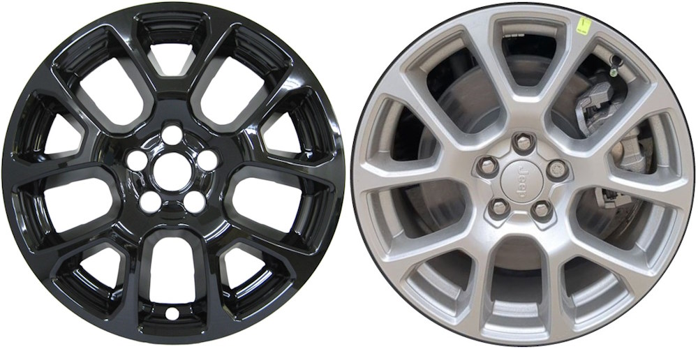 Jeep Compass 2022-2024 Black, 5 Y-Spoke, Plastic Hubcaps, Wheel Covers, Wheel Skins, Imposters. Fits 18 Inch Alloy Wheel Pictured to Right. Part Number IMP-8922GB.