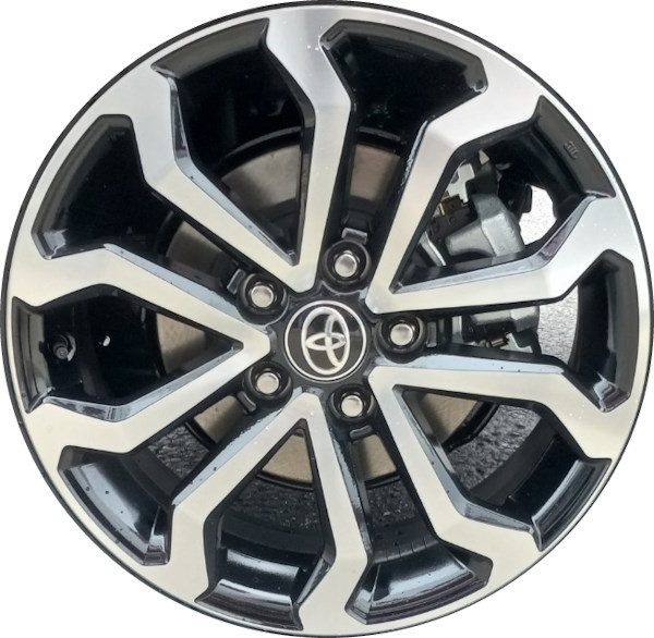 Toyota Corolla Cross 2023-2025 black machined 17x6.5 aluminum wheels or rims. Hollander part number ALY10518, OEM part number 2024 Toyota Corolla Cross Hybrid Wheels Black Machined Rims 426110A410