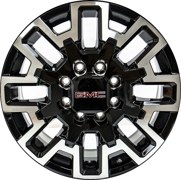 Chevrolet Silverado 2500 2024, Chevrolet Silverado 3500 SRW 2024, GMC Sierra 2500 2024, Sierra 3500 SRW 2024 black machined 22x8.5 aluminum wheels or rims. Hollander part number 14139, OEM part number 84931647.