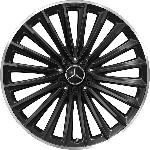 Mercedes-Benz EQE Sedan 2023-2024 black machined 21x9 aluminum wheels or rims. Hollander part number ALY85888, OEM part number 29540125007X72.