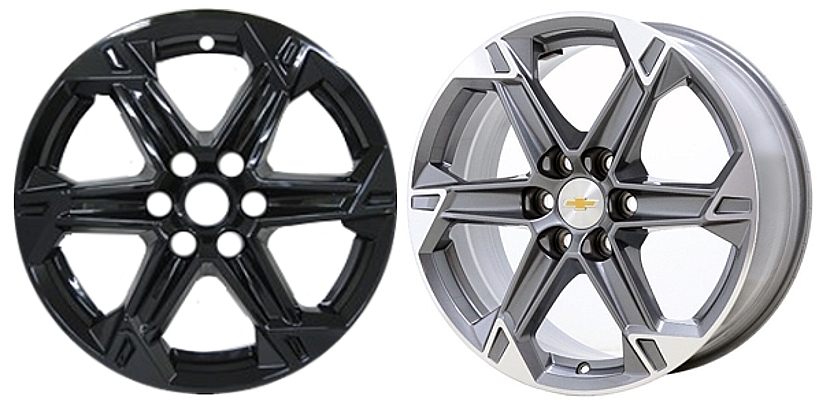 Chevrolet Blazer 2023-2025 Black, 6 Spoke, Plastic Hubcaps, Wheel Covers, Wheel Skins, Imposters. Fits 18 Inch Alloy Wheel Pictured On Right. Part Number IMP-8023GB
