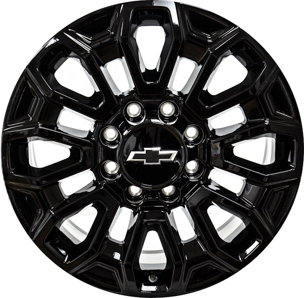 Chevrolet Silverado 2500 2024, Chevrolet Silverado 3500 SRW 2024, GMC Sierra 2500 2024, Sierra 3500 SRW 2024 black painted 22x8.5 aluminum wheels or rims. Hollander part number 95854 14126, OEM part number 84829258.