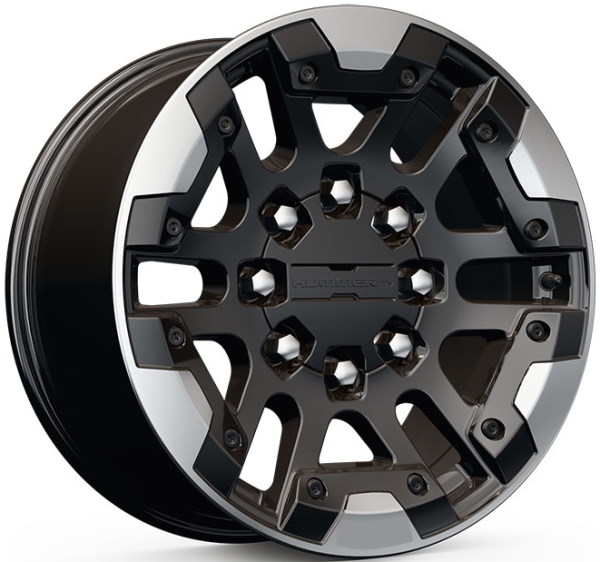 GMC Hummer EV 2022-2025 black machined 18x9 aluminum wheels or rims. Hollander part number ALY1049, OEM part number 84871281