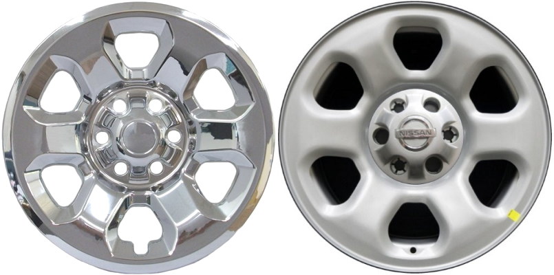Nissan Titan 2013-2023 Chrome, 6 Spoke, Plastic Hubcaps, Wheel Covers, Wheel Skins, Imposters. Fits 18 Inch Steel Wheel Pictured to Right. Part Number IMP-8626PC.