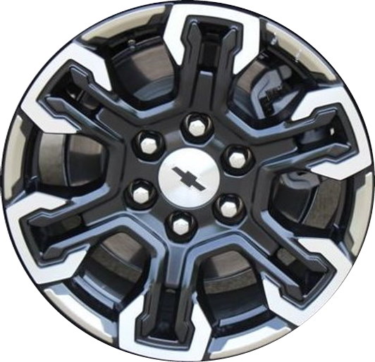 Chevrolet Silverado 1500 2022-2024 GMC Sierra 1500 2022-2024 black machined 18x8.5 aluminum wheels or rims. Hollander part number ALY14089A, OEM part number 84604778.