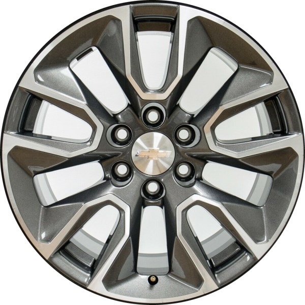 Chevrolet Silverado 1500 2022-2024 dark grey machined 20x9 aluminum wheels or rims. Hollander part number ALY5916U31/5915, OEM part number 84604785.
