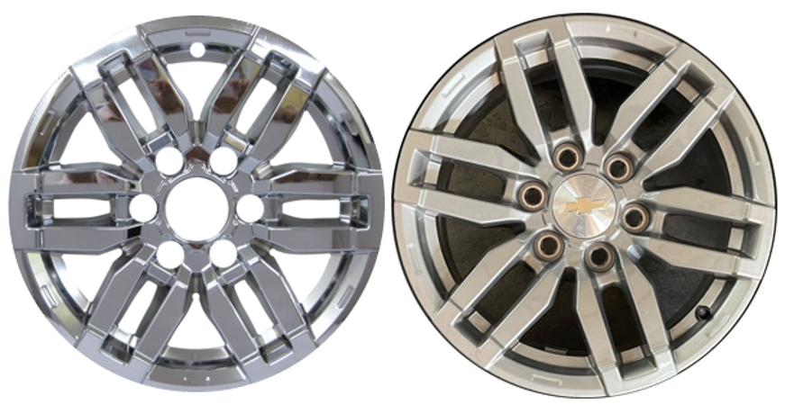 Chevrolet Colorado 2023-2025 6 Split Spoke, Plastic Hubcaps, Wheel Covers, Wheel Skins, Imposters. Fits 17 Inch Steel Wheel Pictured to Right. Part Number IMP-7569PC