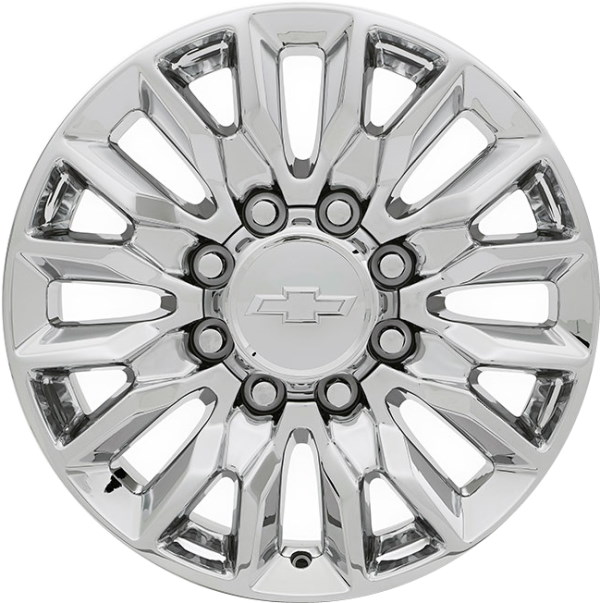 Chevrolet Silverado 2500 2022-2024, Silverado 3500 SRW 2022-2024, GMC Sierra 2500 2022-2024, Sierra 3500 SRW 2022-2024 chrome 18x8 aluminum wheels or rims. Hollander part number 14123, OEM part number 84428943.