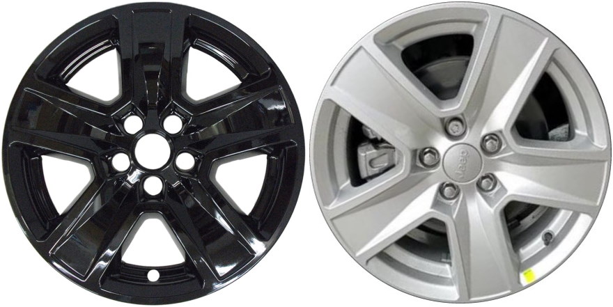 Jeep Compass 2022 Black, 5 Spoke, Plastic Hubcaps, Wheel Covers, Wheel Skins, Imposters. Fits 17 Inch Alloy Wheel Pictured to Right. Part Number IMP-7922GB.