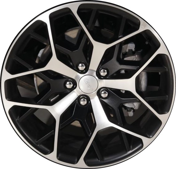 Jeep Grand Cherokee 2022-2025, Grand Cherokee 4xe 2022-2024, Grand Cherokee L 2022-2024 black machined 21x9 aluminum wheels or rims. Hollander part number 9291, OEM part number 4755581AA.